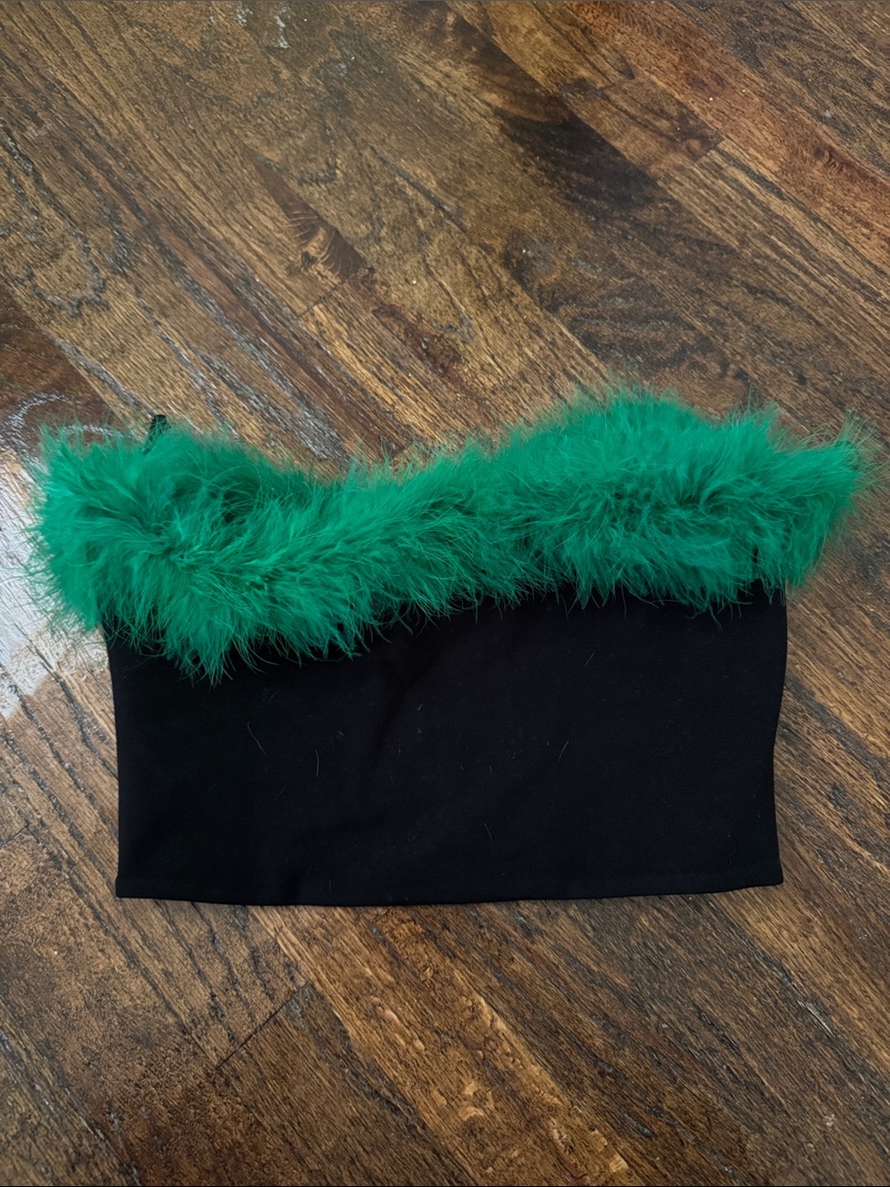 Tiger Mist Black Tube Top with Green Feather Trim